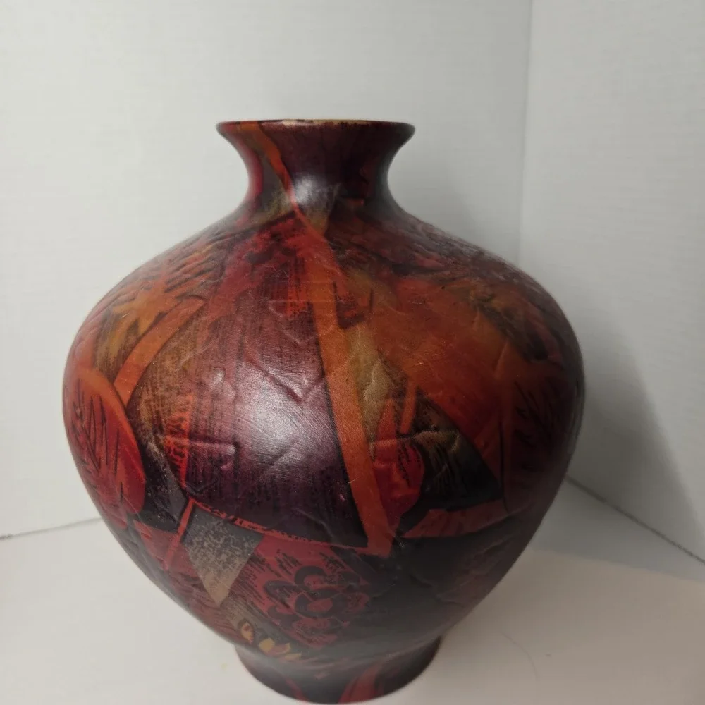 Vtg MCM Unique Art Deco Ceramic Large Balloon Vase‎ Red Brown Floral Pattern